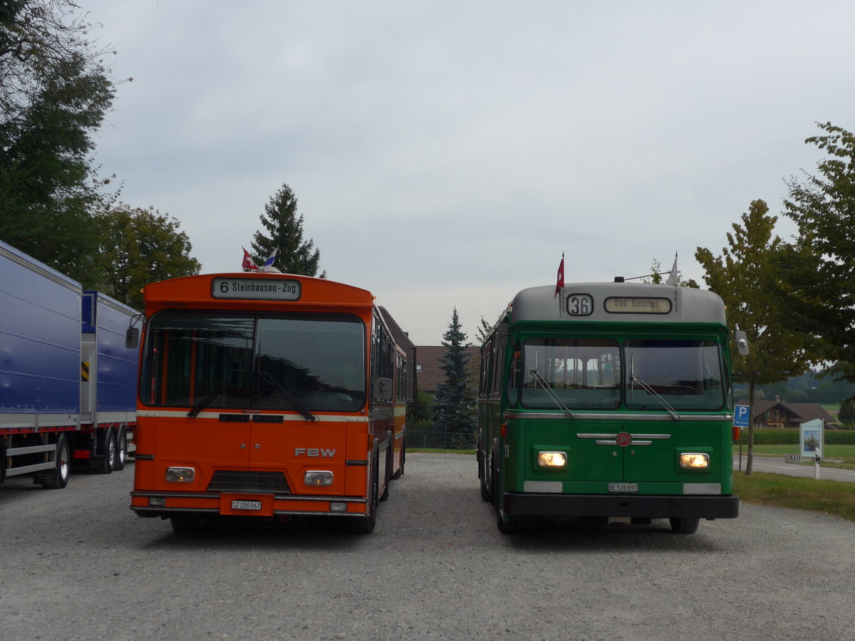 (174'480) - ZVB Zug (RWB) - Nr. 35/SZ 200'067 - FBW/Hess + BVB Basel (RWB) - Nr. 75/BE 530'697 - FBW/FHS am 4. September 2016 in Hindelbank