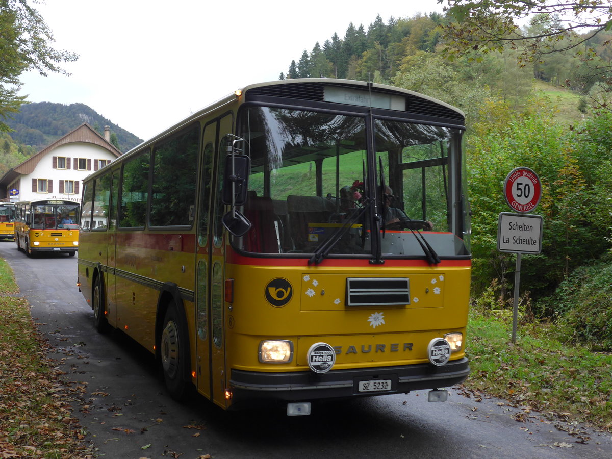 (175'368) - Fssler, Unteriberg - Nr. 6/SZ 5232 - Saurer/R&J (ex Schrch, Gutenburg Nr. 6; ex P 24'358) am 2. Oktober 2016 in Schelten, Restaurant Scheltenmhle