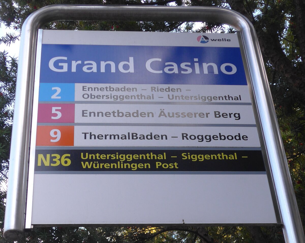 (176'261) - A-welle-Haltestellenschild - Baden, Grand Casino - am 22. Oktober 2016