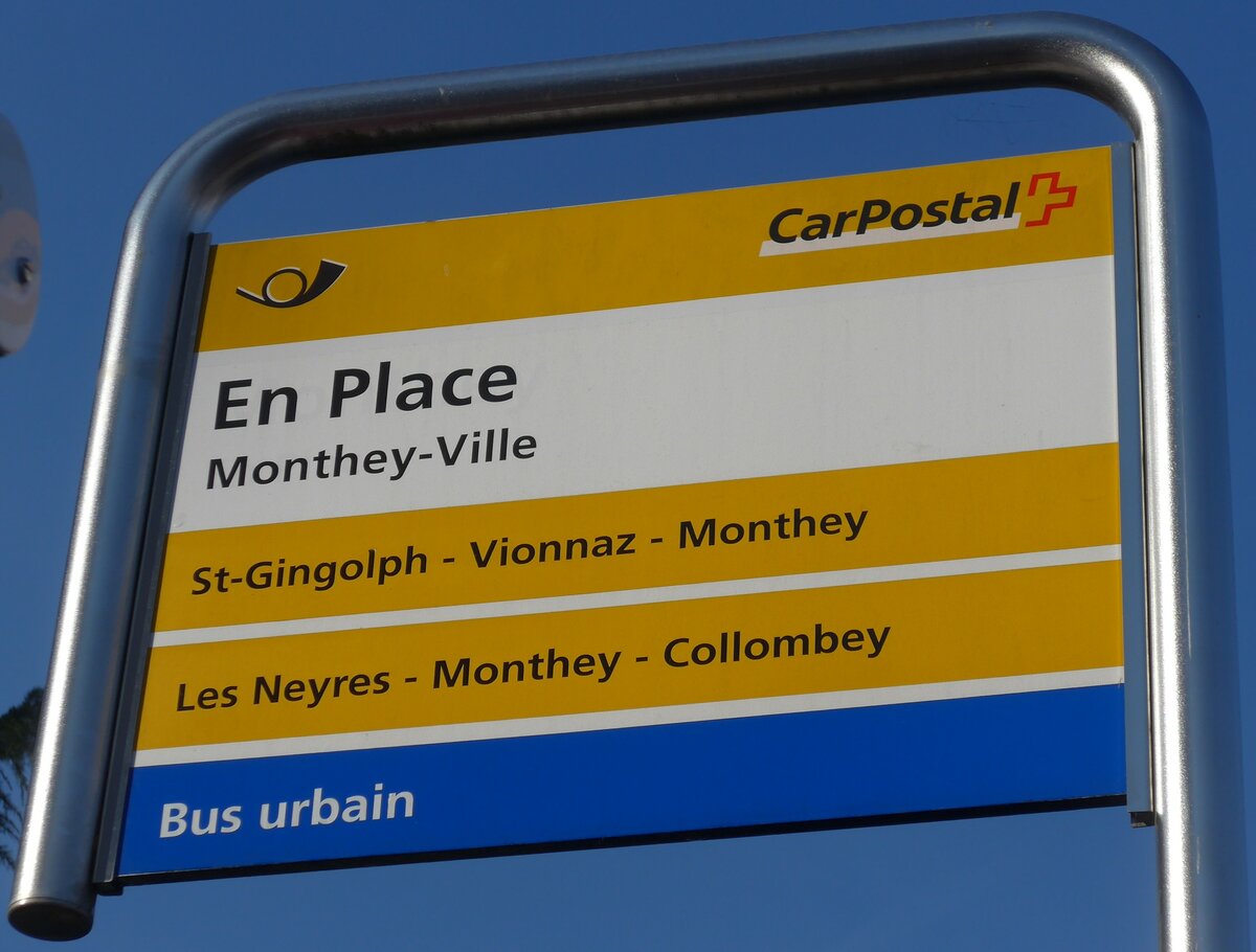 (177'581) - PostAuto/Bus urbain-Haltestellenschild - Monthey-Ville, En Place - am 2. Januar 2017