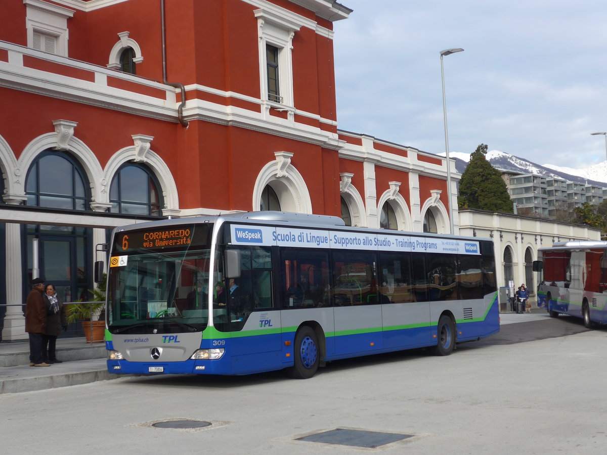 (178'268) - TPL Lugano - Nr. 309/TI 75'804 - Mercedes am 7. Februar 2017 beim Bahnhof Lugano