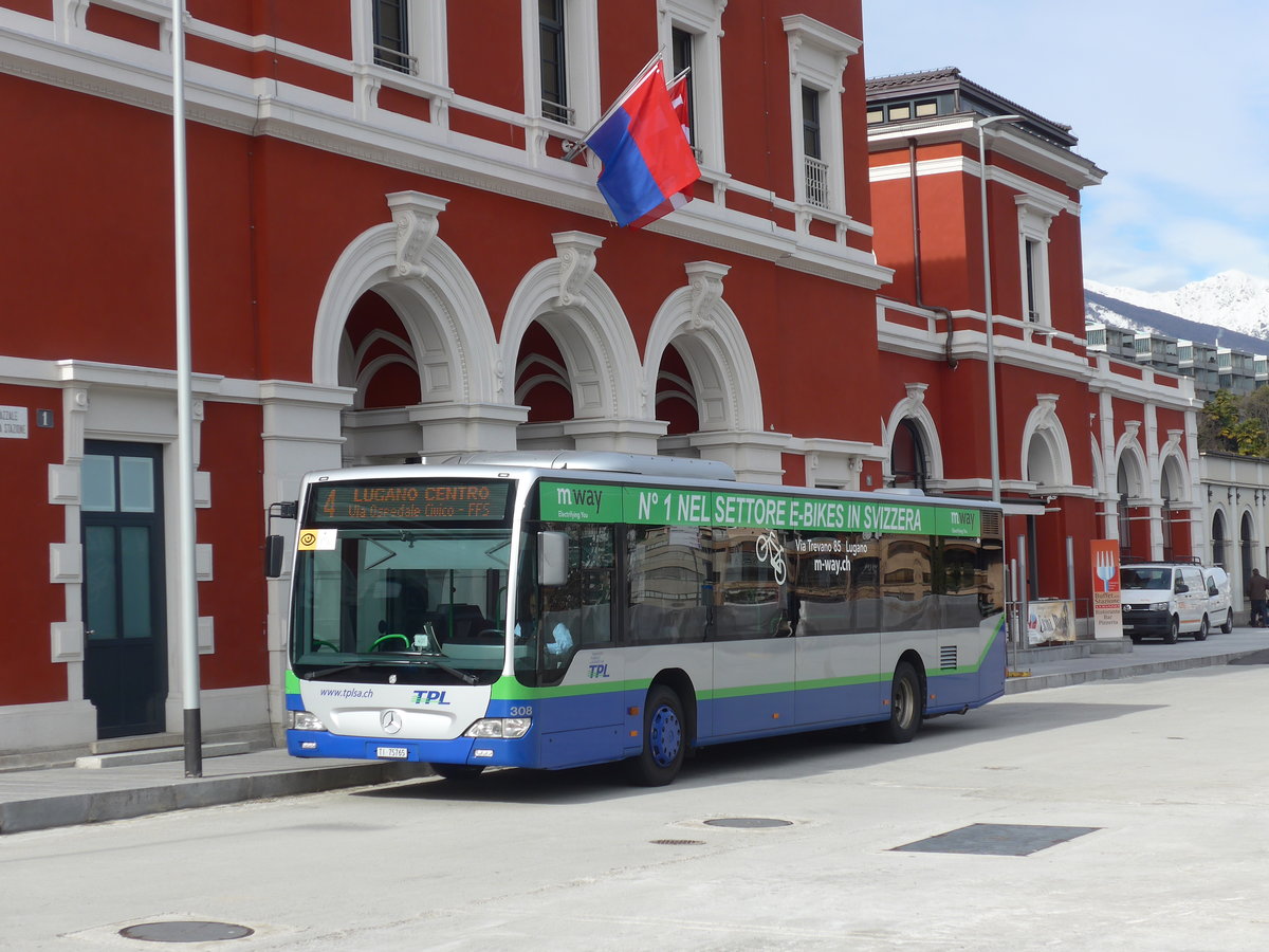 (178'337) - TPL Lugano - Nr. 308/TI 75'765 - Mercedes am 7. Februar 2017 beim Bahnhof Lugano