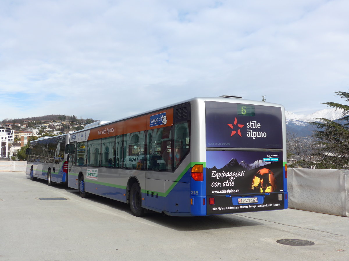 (178'339) - TPL Lugano - Nr. 315/TI 309'039 - Mercedes (ex Nr. 14) am 7. Februar 2017 bekim Bahnhof Lugano