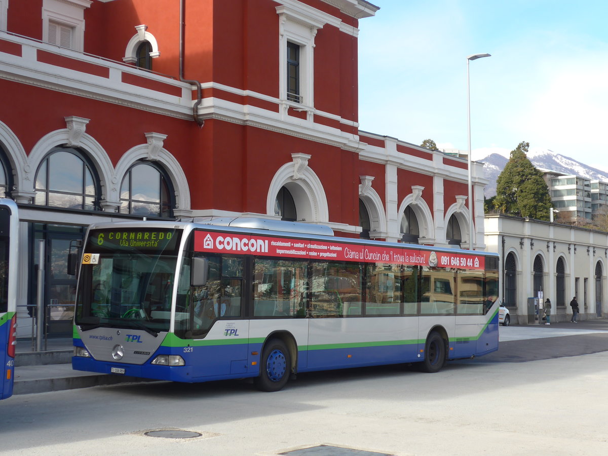 (178'350) - TPL Lugano - Nr. 321/TI 106'989 - Mercedes (ex Nr. 20) am 7. Februar 2017 beim Bahnhof Lugano