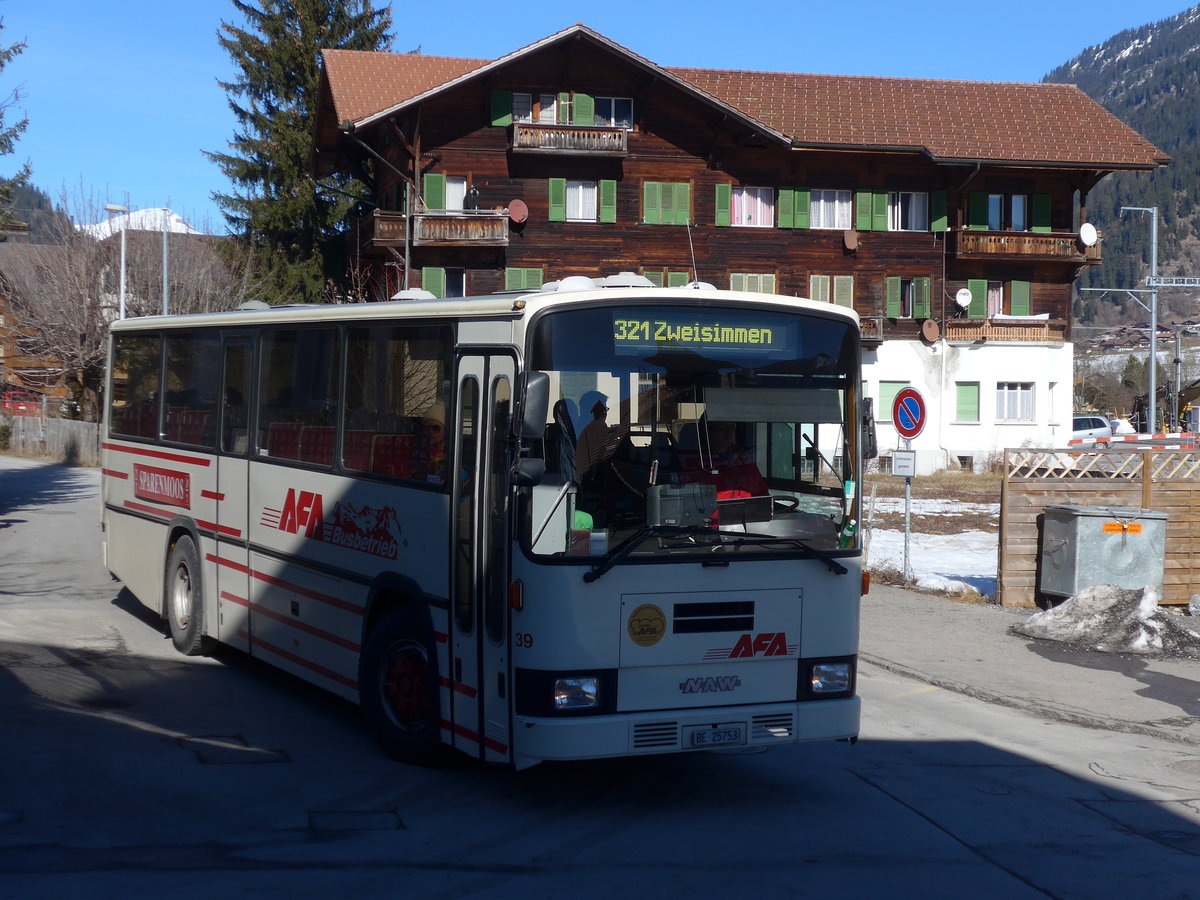 (178'655) - AFA Adelboden - Nr. 39/BE 25'753 - NAW/R&J (ex Nr. 18; ex Autopostale, Mendrisio Nr. 38; ex Piotti, Balerna Nr. 38; ex AAGI Interlaken Nr. 38; ex Schmocker, Beatenberg Nr. 3) am 19. Februar 2017 beim Bahnhof Zweisimmen