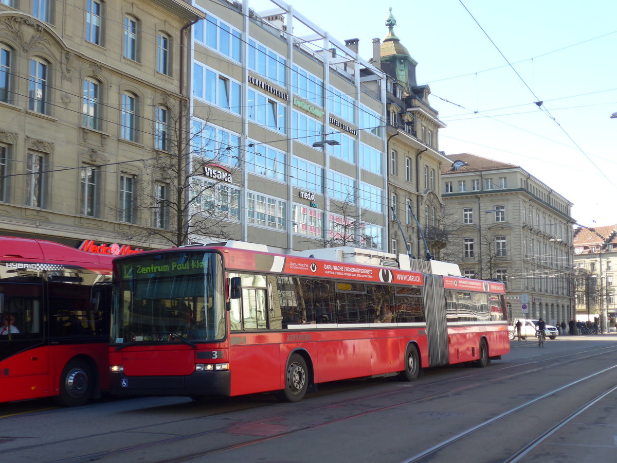 (178'704) - Bernmobil, Bern - Nr. 3 - NAW/Hess Gelenktrolleybus am 20. Februar 2017 beim Bahnhof Bern