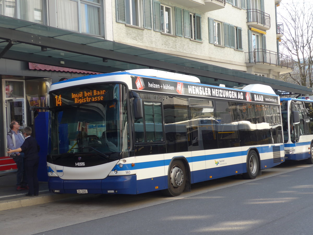 (179'487) - ZVB Zug - Nr. 140/ZG 3390 - Scania/Hess am 10. April 2017 beim Bahnhof Zug