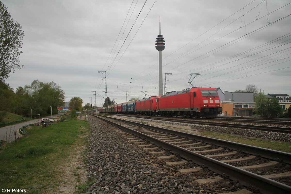 185 384-5 +185 370-4 mit einen Rocktainerzug in Nürnberg Hohe Marter. 09.04.24