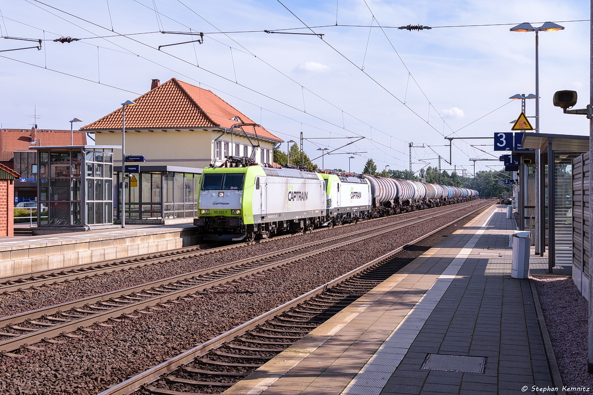 185 533-7 ITL - Eisenbahngesellschaft mbH mit der Wagenlok 193 783-8 und einem Kesselzug  Dieselkraftstoff oder Gasöl oder Heizöl (leicht)  in Bienenbüttel und fuhr weiter nach Hamburg Hohe Schaar. 05.09.2017