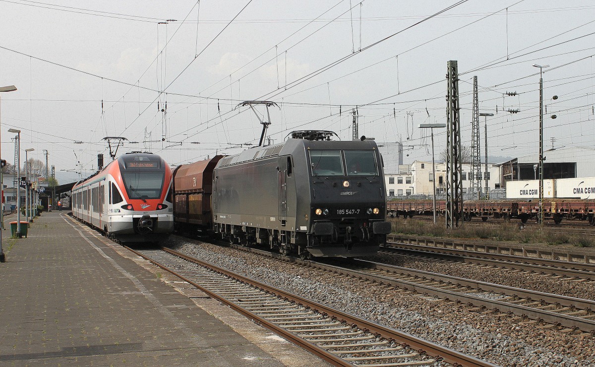 185 547-4 und der 403 von VIAS in Neuwied. (Neuwied, 01.04.2014)