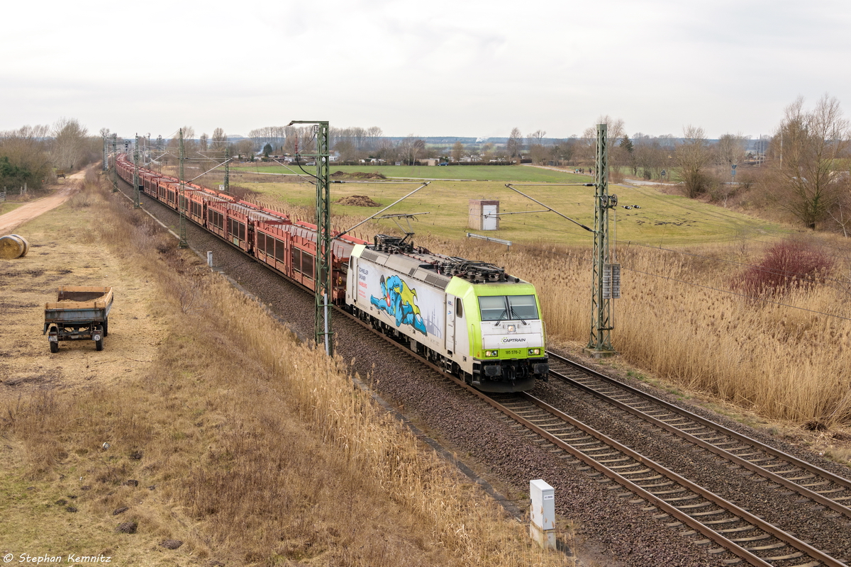 185 578-2  Superhero  ITL - Eisenbahngesellschaft mbH mit einem leeren Autotransportzug in Stendal und fuhr weiter zum Güterbahnhof. Netten Gruß zurück! 04.03.2017