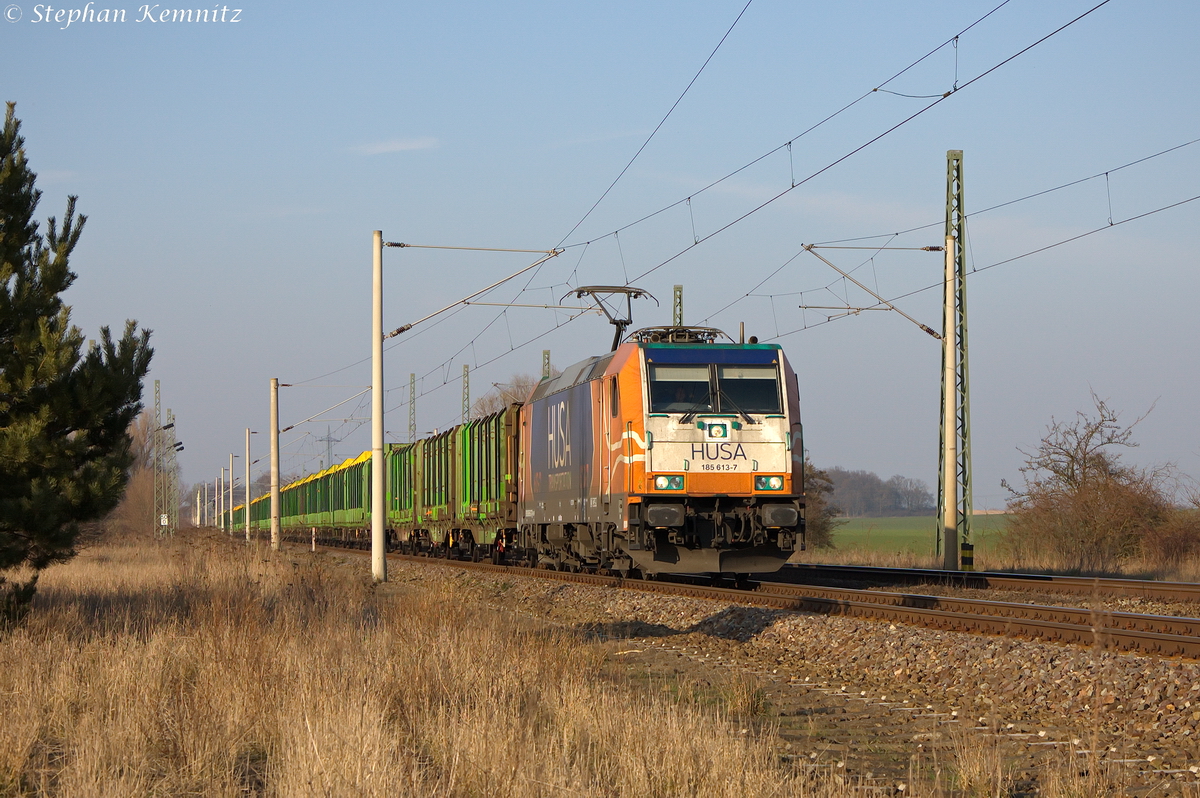 185 613-7 RBSAF - RBS Asset Finance Europe Limited für OHE Cargo GmbH mit einem leeren Holzzug in Demker und fuhr in Richtung Magdeburg weiter. Die 185 613-7 fungierte kurzfristig als Ersatz, für die am 12.03.2014 defekt gewordene E 186 137. 13.03.2014