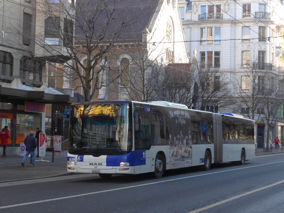 (187'137) - TL Lausanne - Nr. 639/VD 301'961 - MAN am 23. Dezember 2017 in Lausanne, Chauderon