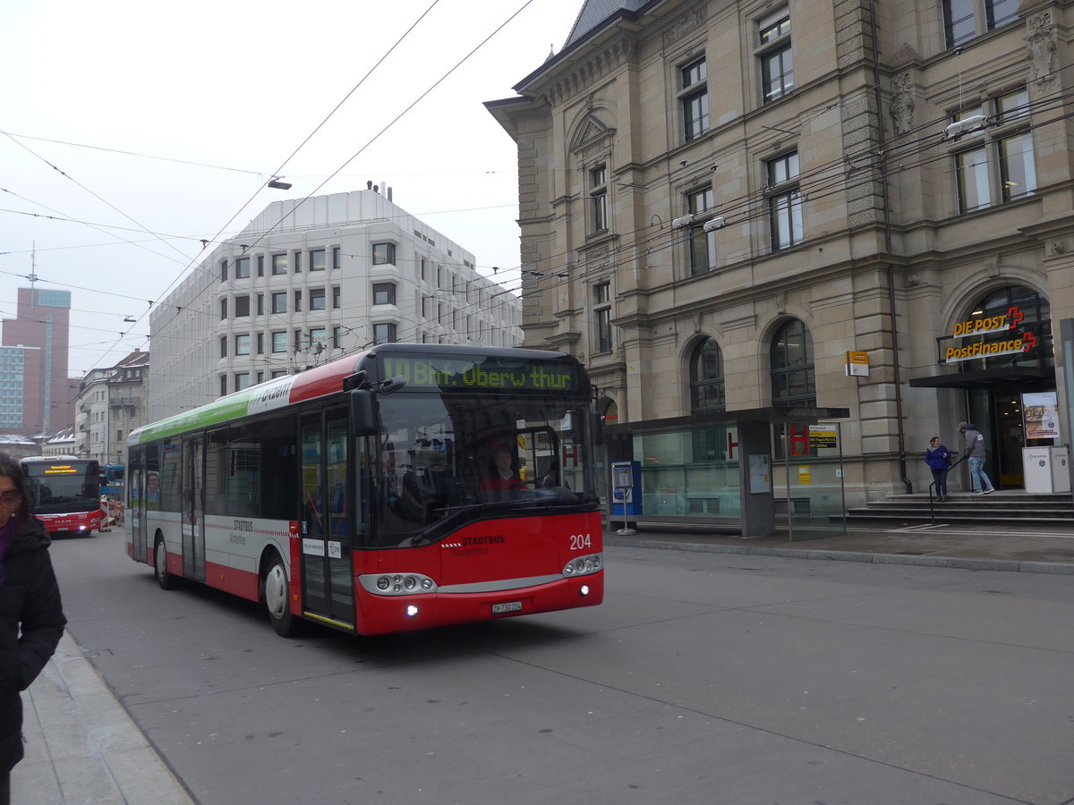 (188'325) - SW Winterthur - Nr. 204/ZH 730'204 - Solaris am 8. Februar 2018 beim Hauptbahnhof Winterthur