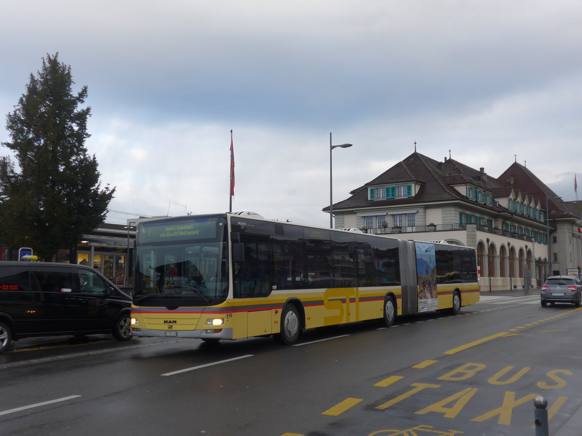 (189'787) - STI Thun - Nr. 119/BE 700'119 - MAN am 1. April 2018 beim Bahnhof Thun