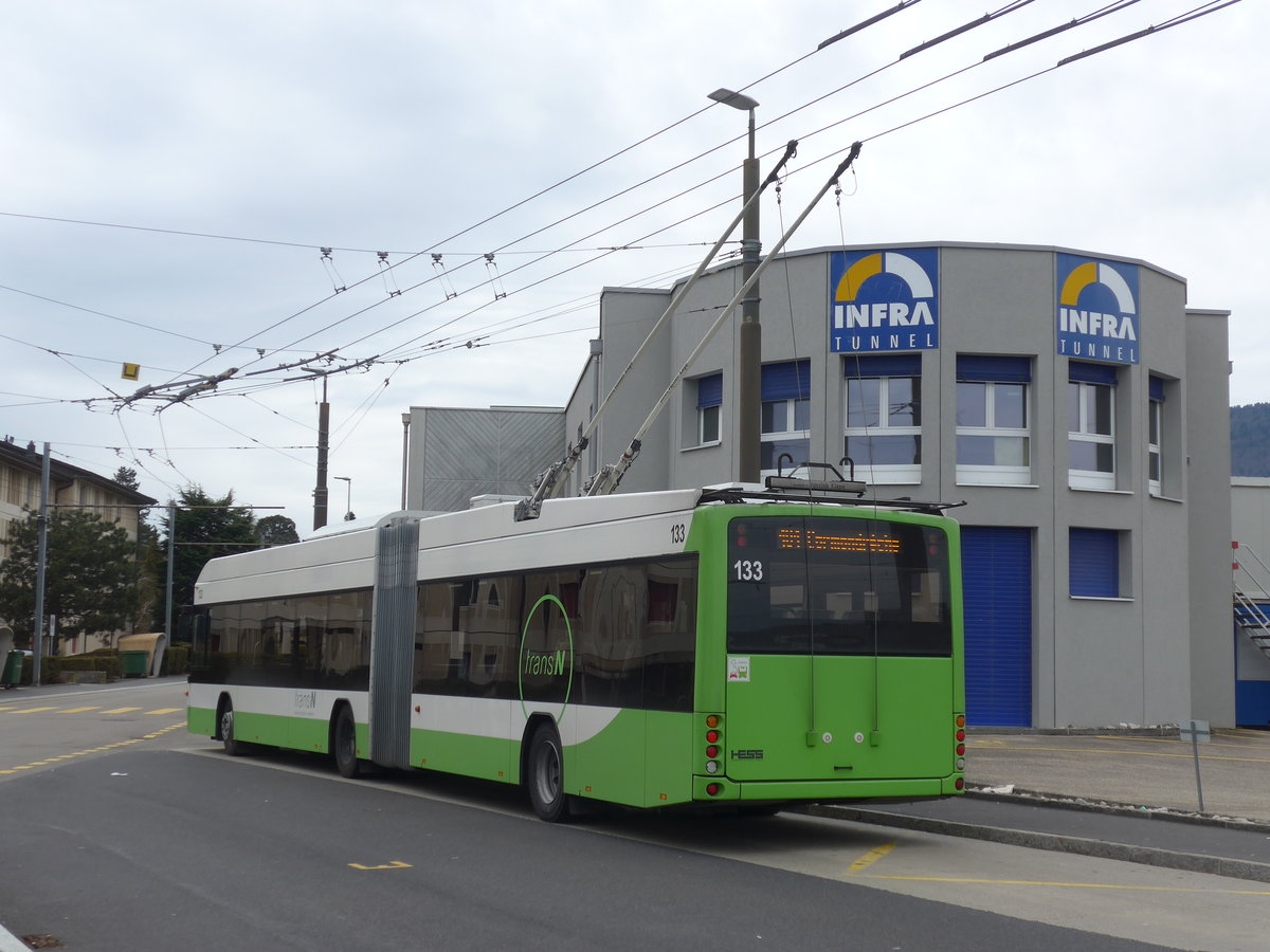 (189'990) - transN, La Chaux-de-Fonds - Nr. 133 - Hess/Hess Gelenktrolleybus (ex TN Neuchtel Nr. 133) am 2. April 2018 beim Bahnhof Marin-Epagnier