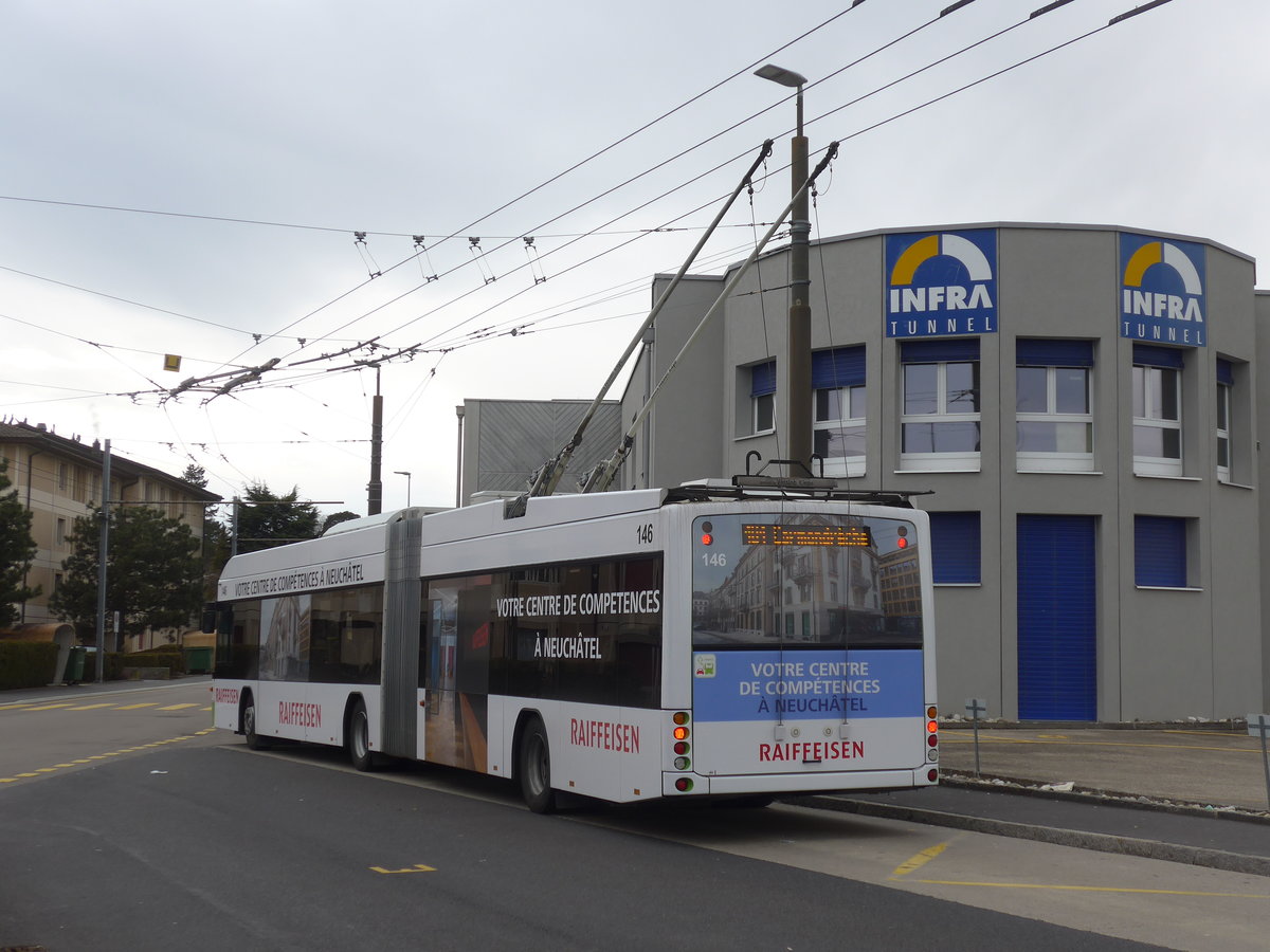 (189'997) - transN, La Chaux-de-Fonds - Nr. 146 - Hess/Hess Gelenktrolleybus (ex TN Neuchtel Nr. 146) am 2. April 2018 beim Bahnhof Marin-Epagnier