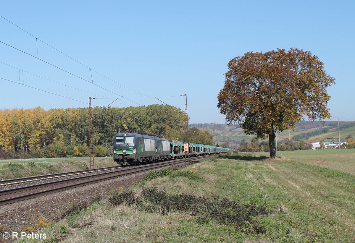 193 202-9 und 193 215-1 ziehen ein leeren Autotransportzug kurz vor Retzbach-Zellingen. 13.10.18