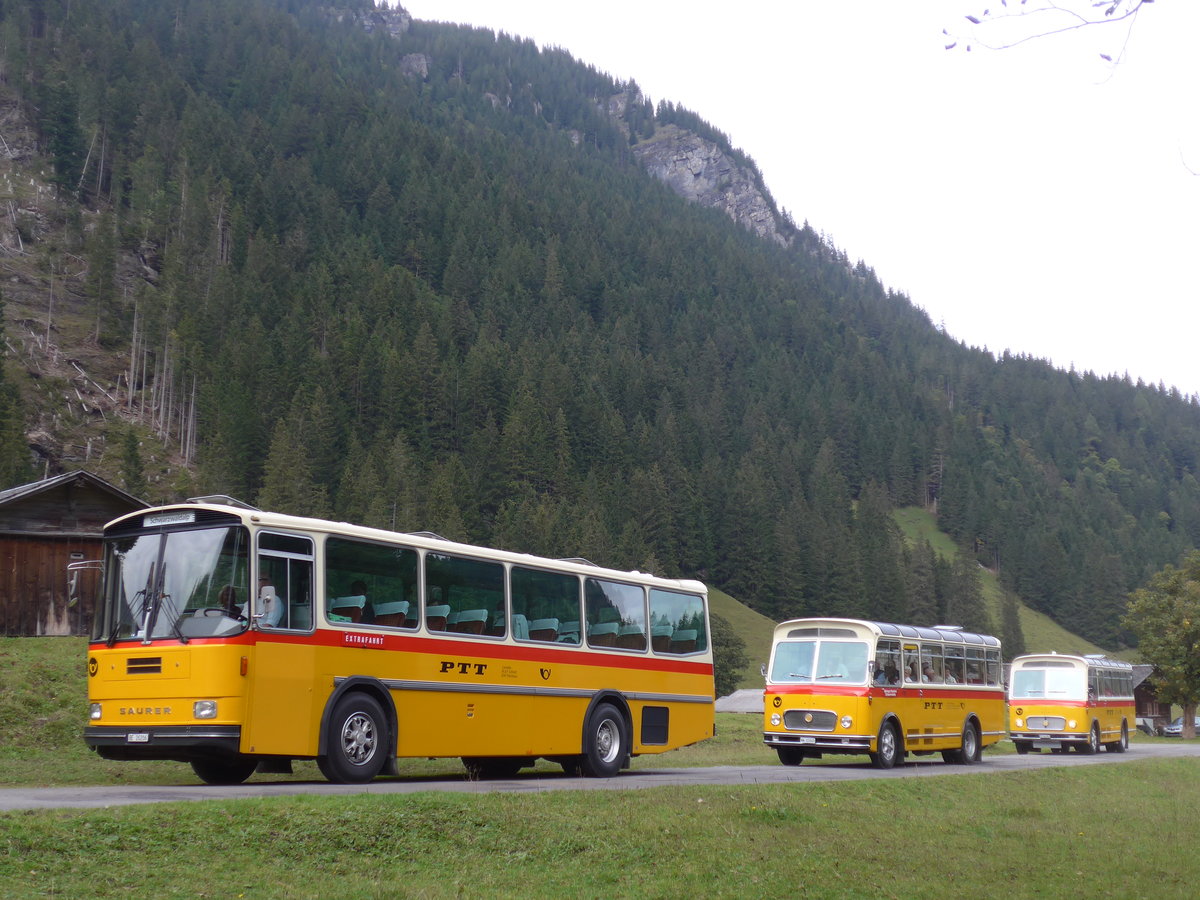 (197'787) - Schmid, Thrishaus - BE 26'206 - Saurer/Tscher (ex P 24'244) + Mller, Ennetmoos - NW 23'167 - FBW/Gangloff (ex Rentsch, Gunten; ex P 23'203; ex P 21'003) + Frutig, Birmensdorf - ZH 560'883 - FBW/FHS (ex P 23'217) am 16. September 2018 in Gschwandtenmaad