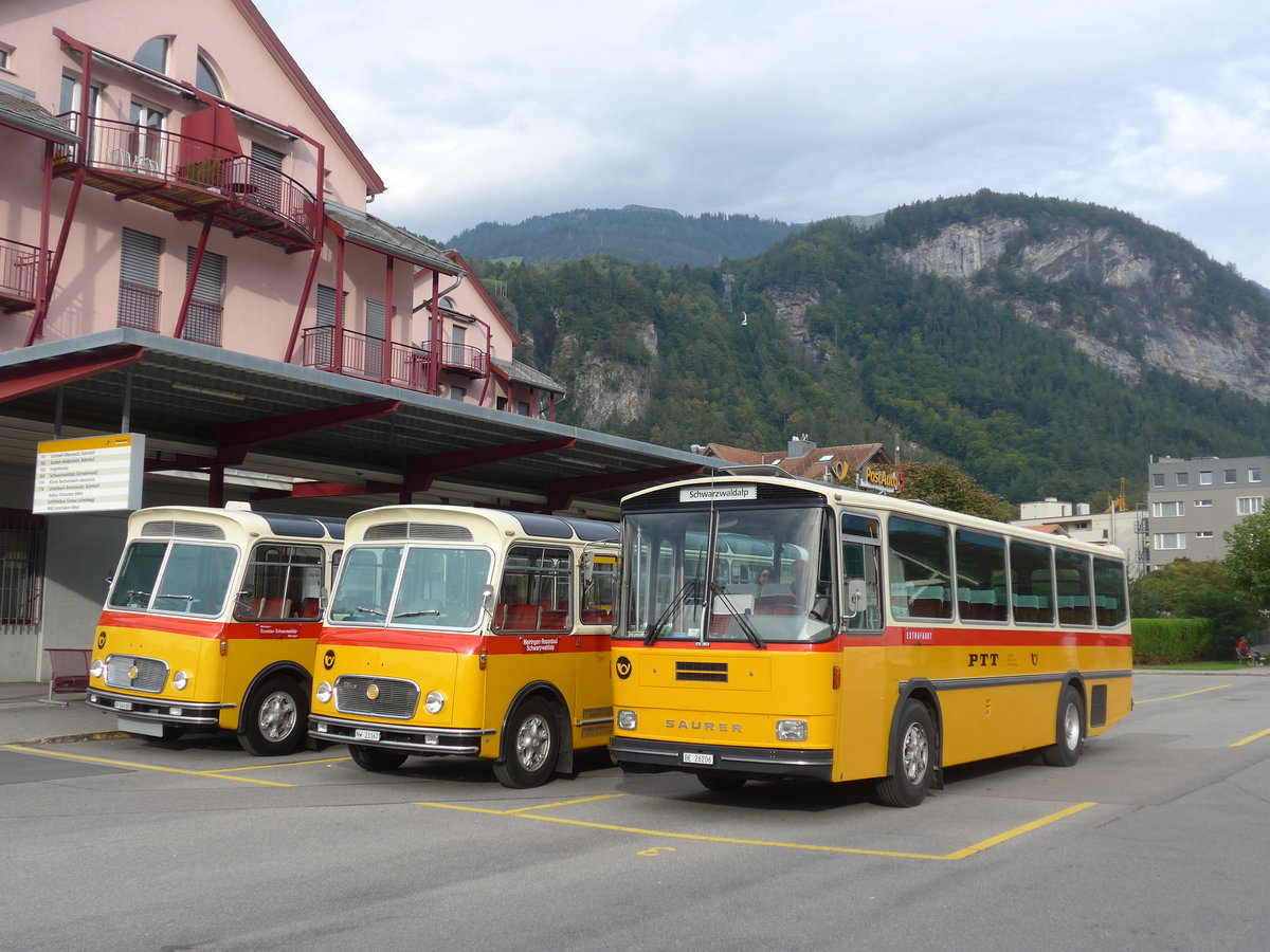 (197'844) - Schmid, Thrishaus - BE 26'206 - Saurer/Tscher (ex P 24'244) am 16. September 2018 in Meiringen, Postautostation