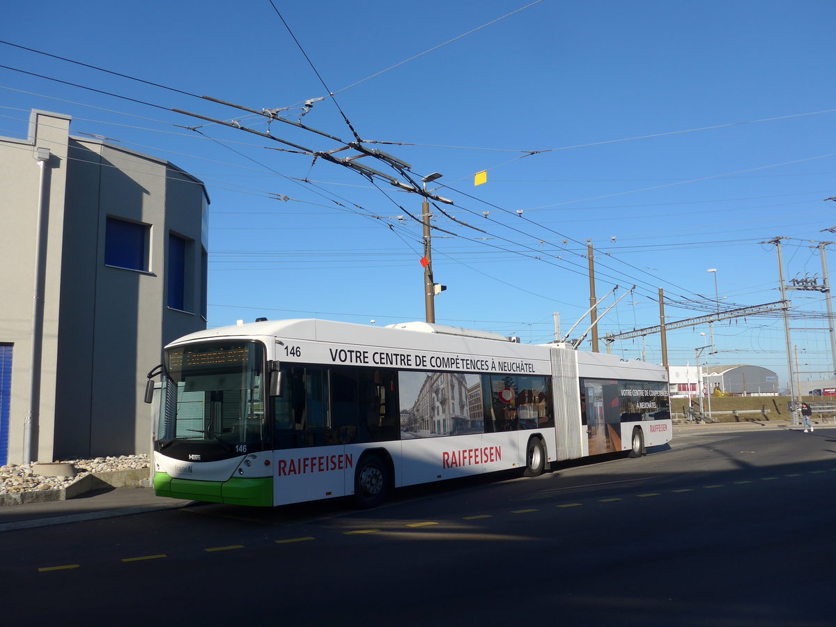 (201'658) - transN, La Chaux-de-Fonds - Nr. 146 - Hess/Hess Gelenktrolleybus (ex TN Neuchtel Nr. 146) am 16. Februar 2019 beim Bahnhof Marin-pagnier