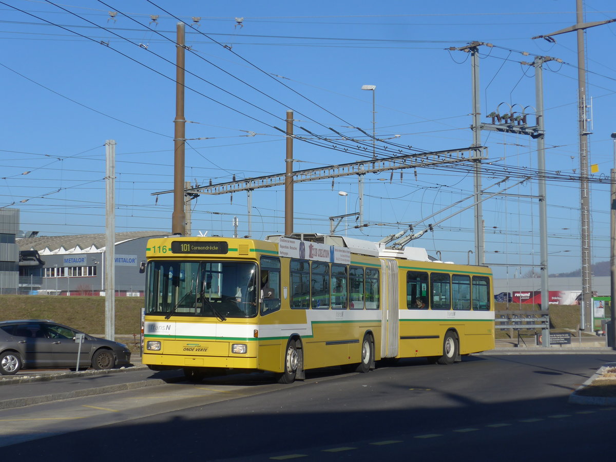 (201'659) - transN, La Chaux-de-Fonds - Nr. 116 - NAW/Hess Gelenktrolleybus (ex TN Neuchtel Nr. 116) am 16. Februar 2019 beim Bahnhof Marin-pagnier
