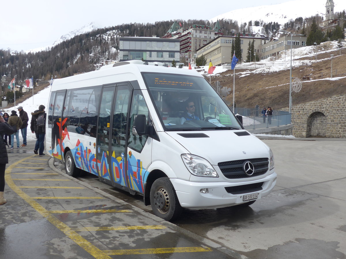 (202'050) - SBC Chur - Nr. 114/GR 100'114 - Mercedes (ex Vorfhrfahrzeug) am 10. Mrz 2019 beim Bahnhof St. Moritz