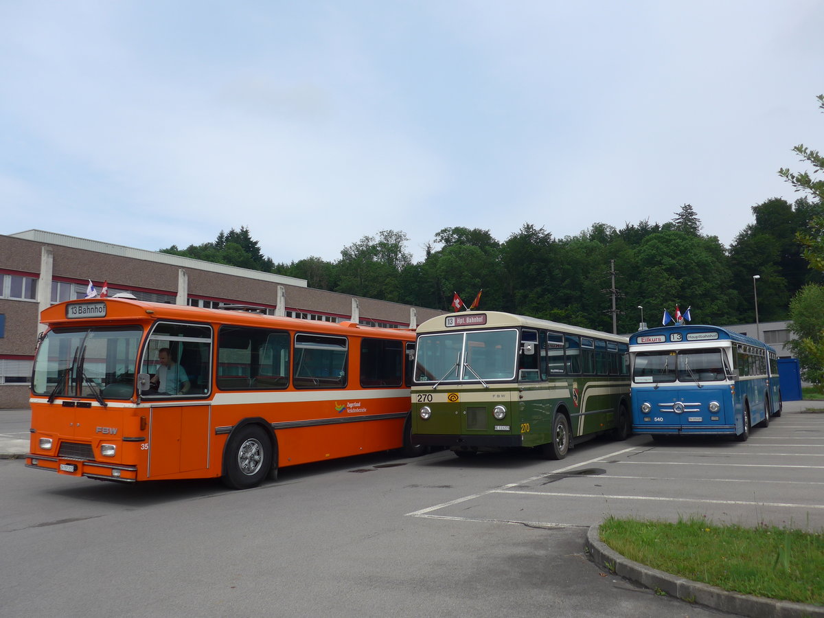 (206'606) - ZVB Zug (RWB) - Nr. 35/ZH 797'215 - FBW/Hess + SVB Bern (Bernmobil historique) - Nr. 270/BE 113'270 - FBW/SWS-Gangloff + VBZ Zrich (TMZ) - Nr. 540/ZH 315'491 - Saurer/Saurer (ex Nr. 7540; ex Nr. 540) am 22. Juni 2019 in Emmenbrcke, Debrunner Acifer 