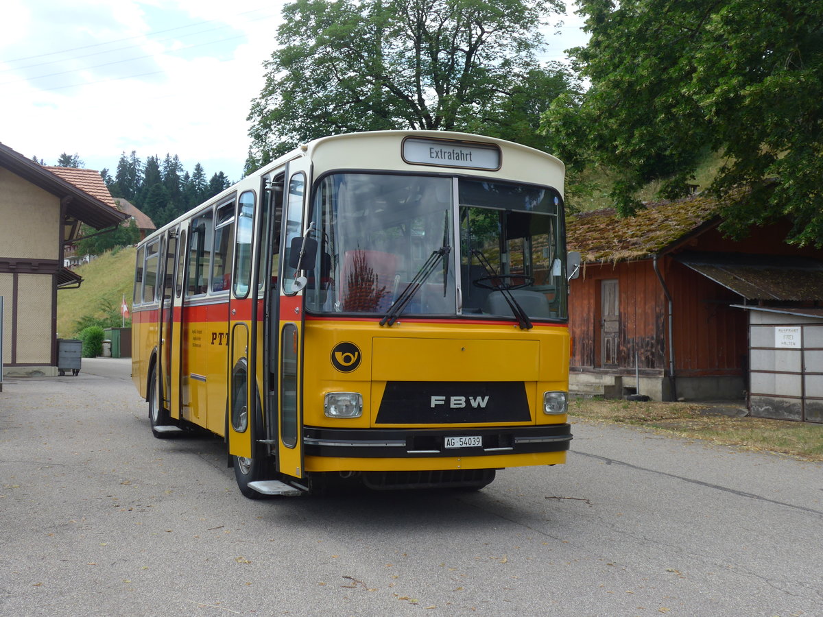 (207'474) - Birchler, Remetschwil - AG 54'039 - FBW/Tscher (ex Gerber, Winkel; ex Eggenberger, Mriken; ex Tanner, Bubendorf; ex P 24'803) am 7. Juli 2019 beim Bahnhof Emmenmatt