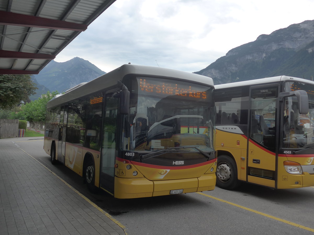 (209'178) - PostAuto Bern - BE 403'166 - Scania/Hess (ex AVG Meiringen Nr. 66; ex Steiner, Messen) am 1. September 2019 in Meiringen, Postautostation