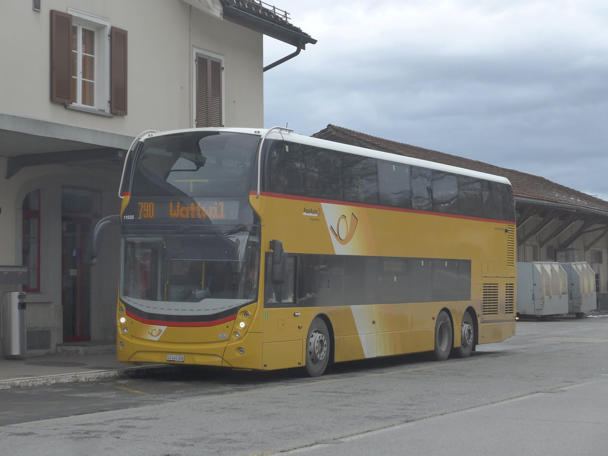 (214'051) - PostAuto Ostschweiz - SG 445'308 - Alexander Dennis am 1. Februar 2020 beim Bahnhof Nesslau-Neu St. Johann