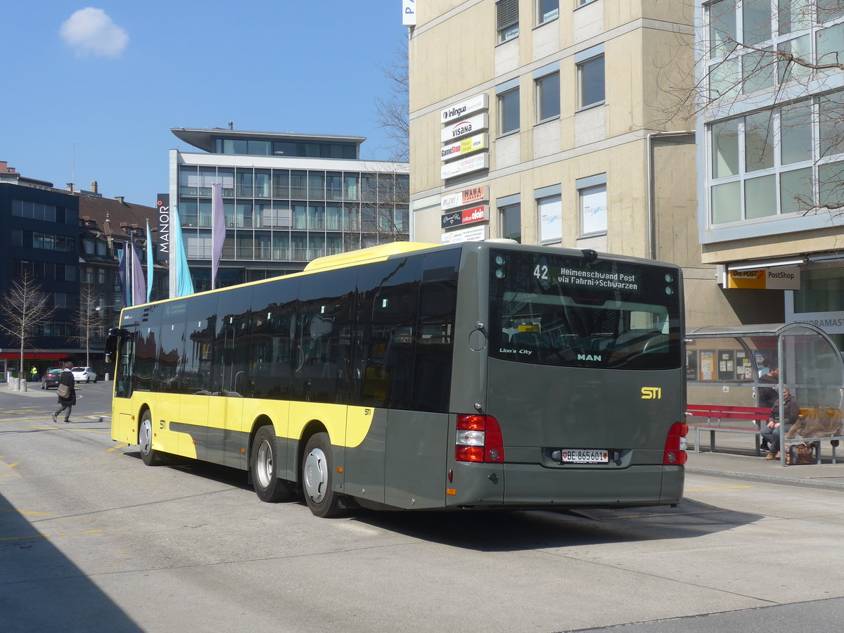 (215'795) - STI Thun - Nr. 601/BE 865'601 - MAN am 2. April 2020 beim Bahnhof Thun