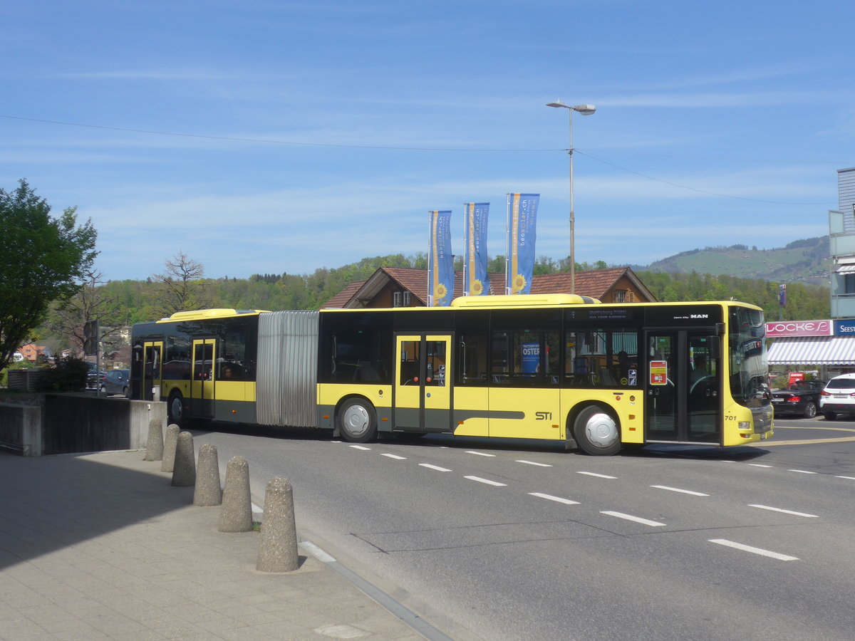 (216'123) - STI Thun - Nr. 701/BE 849'701 - MAN am 16. April 2020 beim Bahnhof Spiez