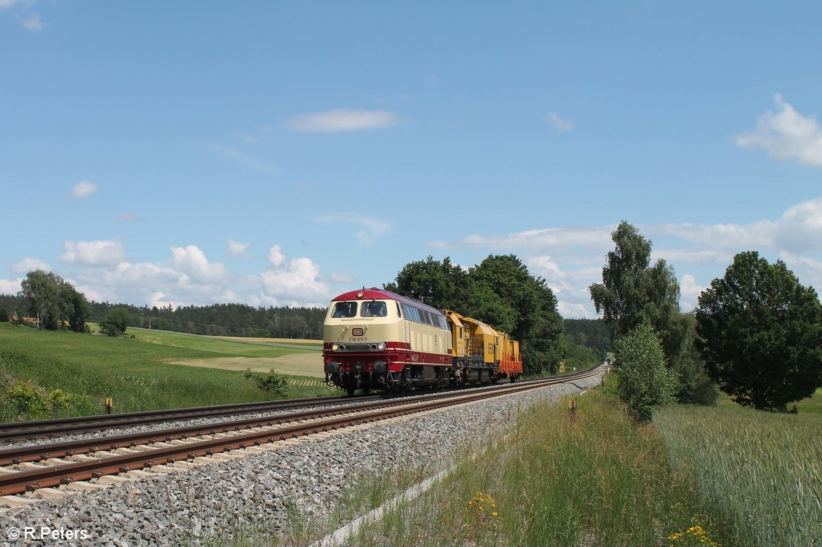 218 105 der NeSa mit einem kurzen Bauzug von München in Richtung Norden kurz vor Reuth bei Erbendorf in Richtung Hof unterwegs. 25.06.20