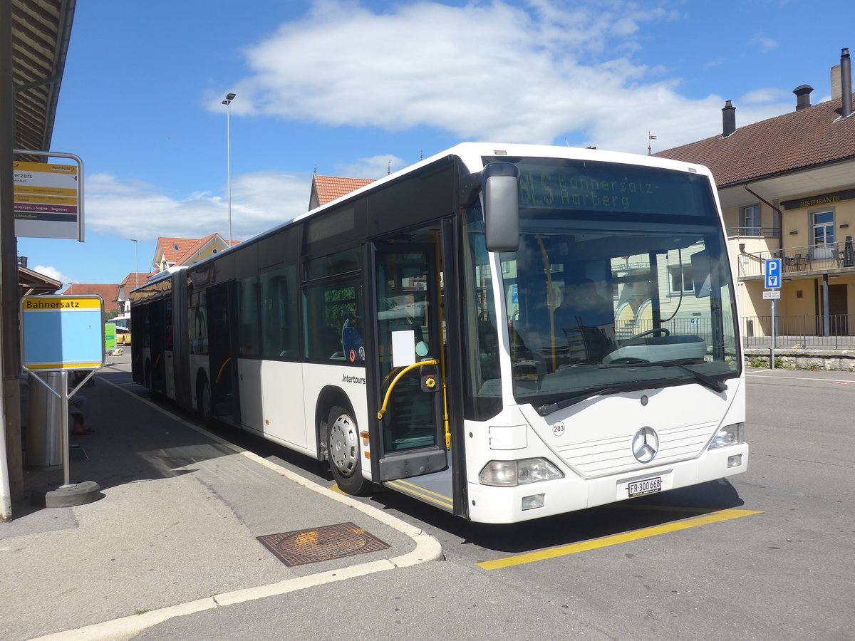 (218'568) - Intertours, Domdidier - Nr. 203/FR 300'668 - Mercedes (ex VZO Grningen Nr. 53) am 6. Juli 2020 beim Bahnhof Kerzers