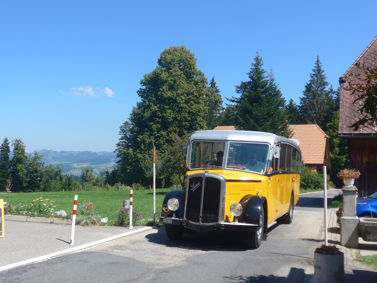 (219'582) - Schlapp, Cottens - FR 300'537 - Saurer/Saurer (ex SATEG, Lausanne; ex P 23'086; ex P 2138) am 9. August 2020 in Waldhusern, Kurhaus