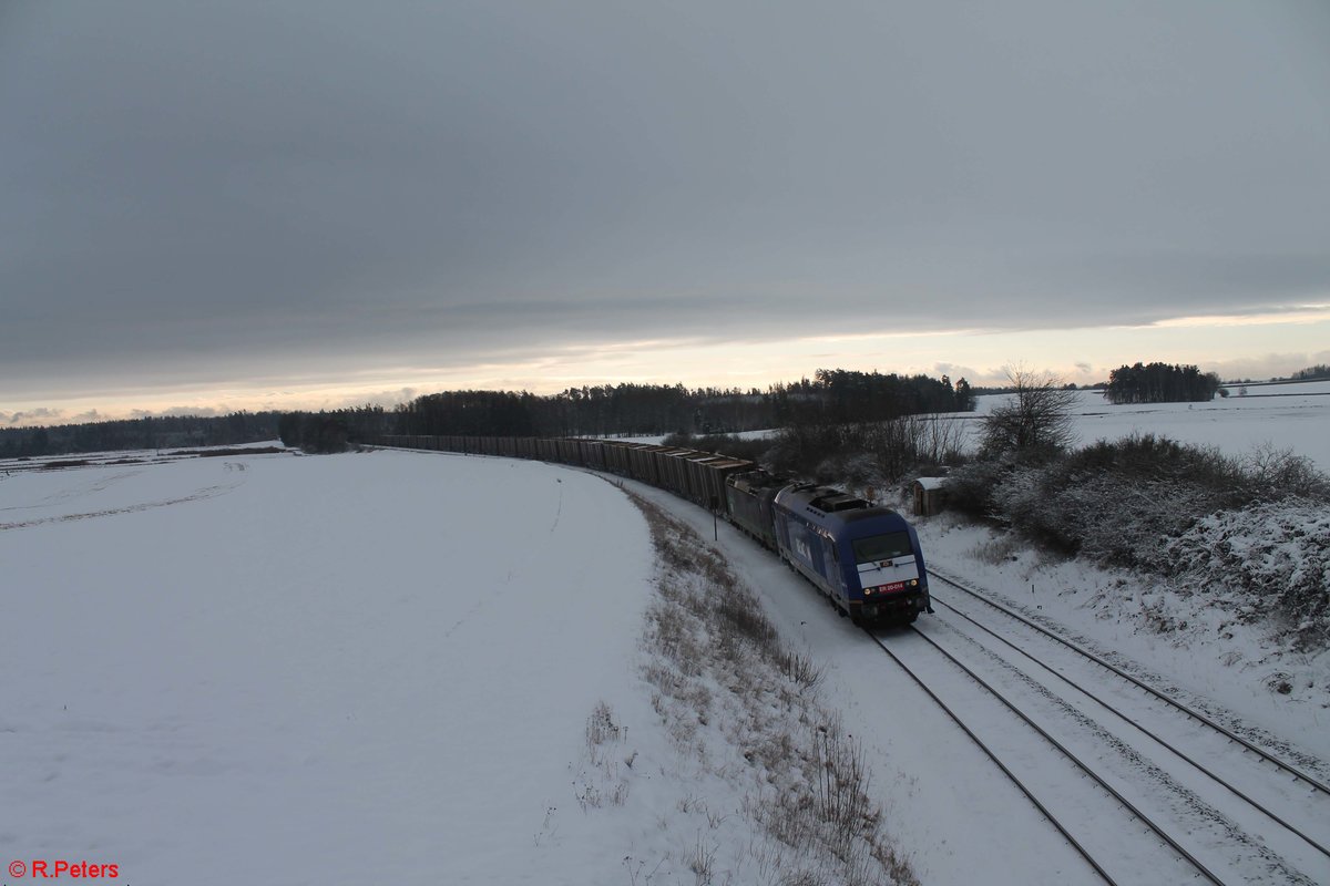 223 014 und 193 209 mit dem Hackschnitzelzug bei Oberteich. 09.01.21