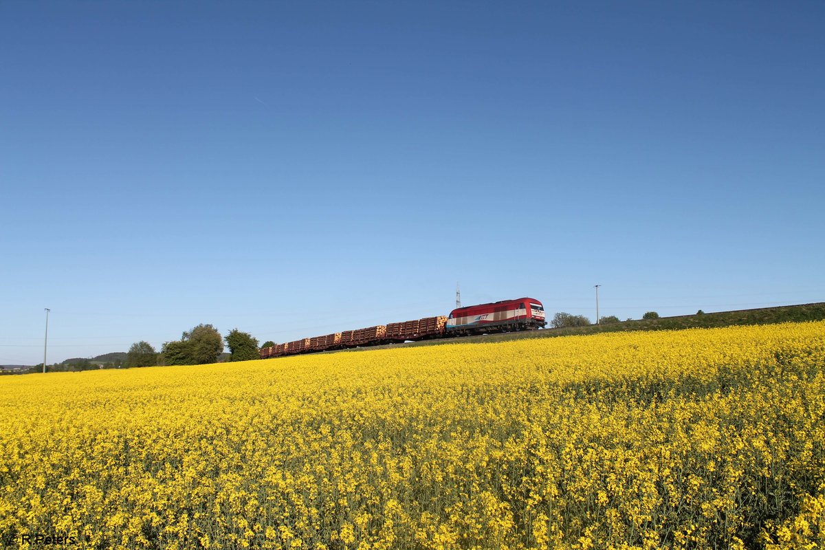 223 031 zieht ein Holzzug von Schirnding?? nach Plattling kurz vor Marktredwitz bei Brand bei Marktredwitz. 06.05.18