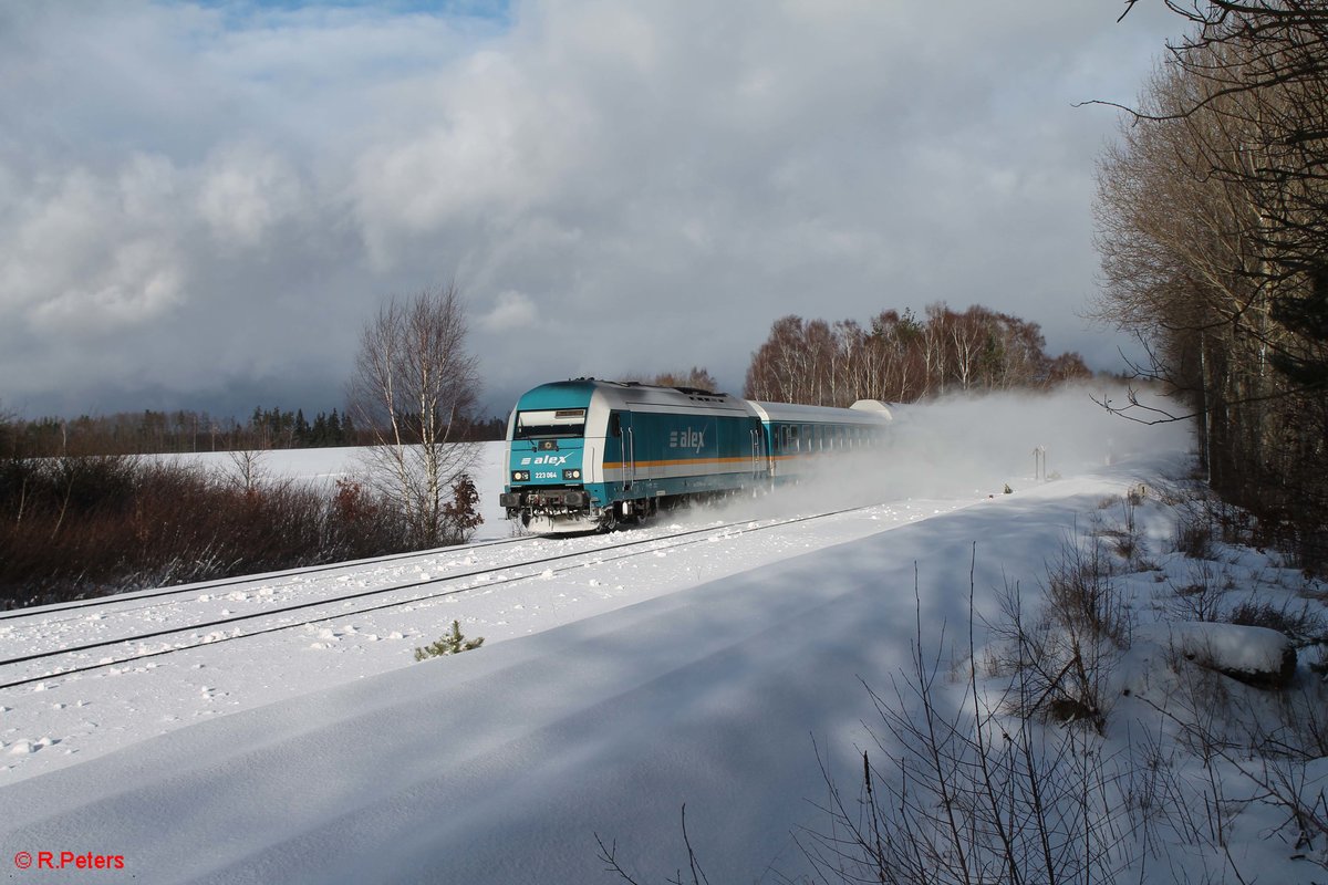 223 064 zieht den ALX84115 Hof - München bei Schönfeld, nächster Halt Wiesau. 14.01.17