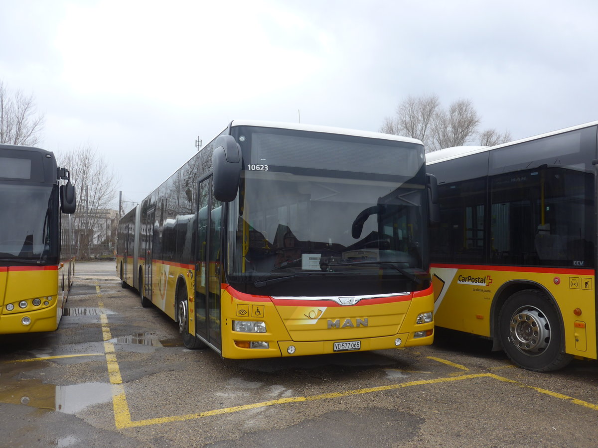 (224'203) - CarPostal Ouest - VD 577'065 - MAN am 14. Mrz 2021 in Yverdon, Garage