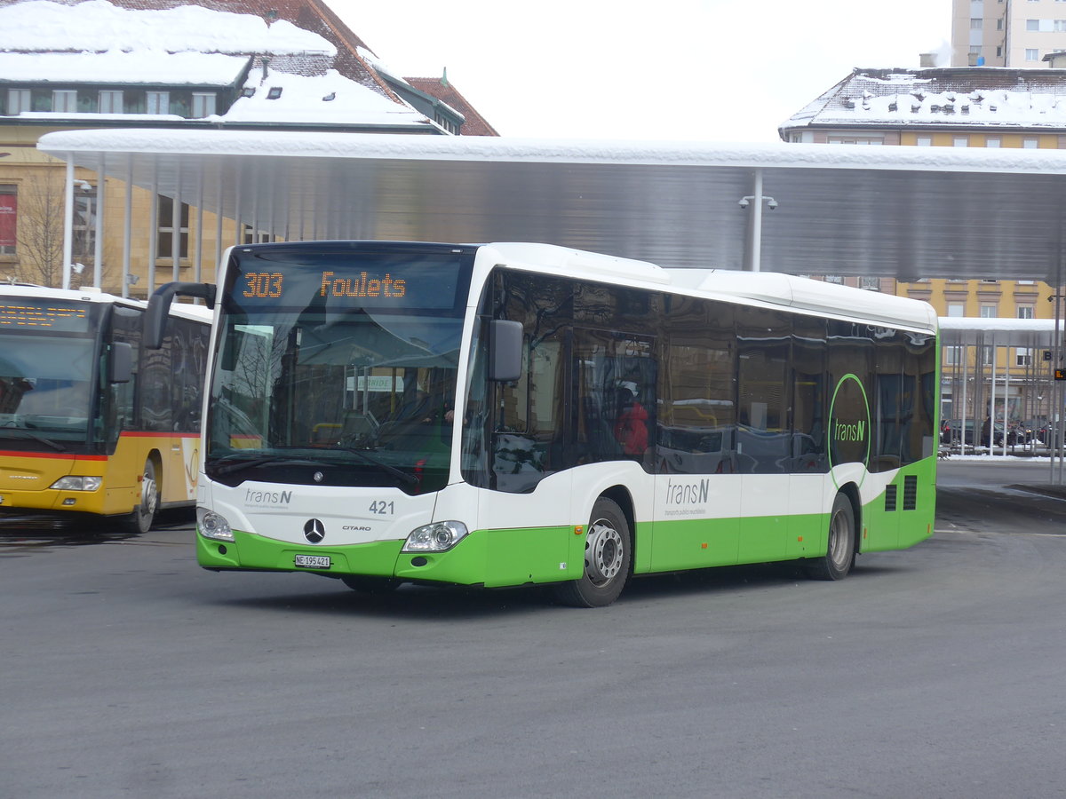 (224'277) - transN, La Chaux-de-Fonds - Nr. 421/NE 195'421 - Mercedes am 20. Mrz 2021 beim Bahnhof La Chaux-de-Fonds