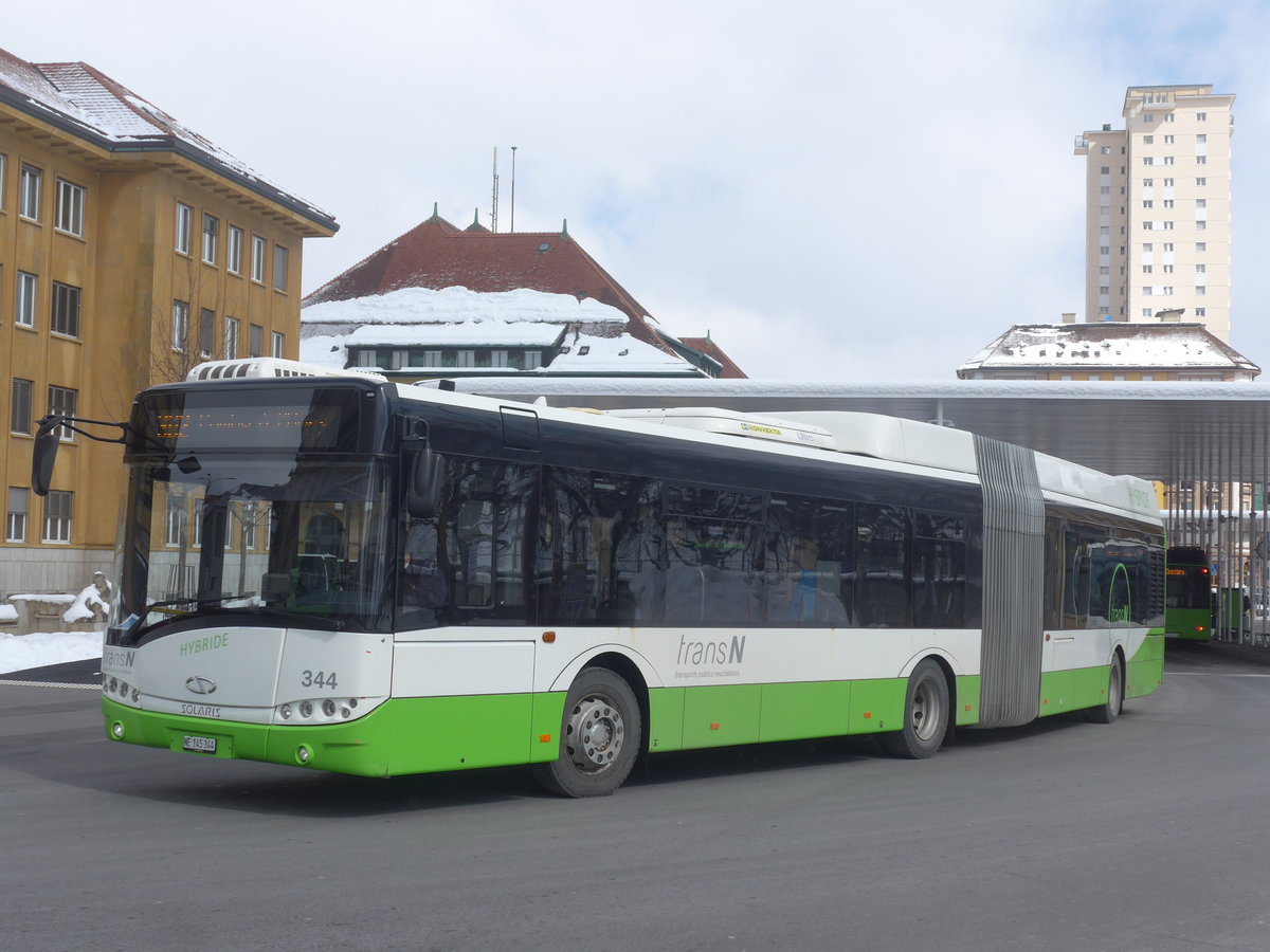 (224'283) - transN, La Chaux-de-Fonds - Nr. 344/NE 145'344 - Solaris am 20. Mrz 2021 beim Bahnhof La Chaux-de-Fonds