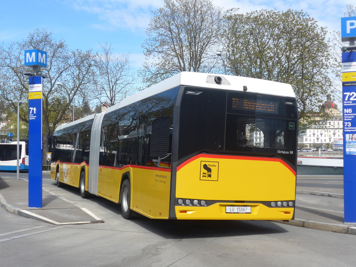 (224'897) - SB Trans, Sursee - Nr. 18/LU 15'067 - Solaris (ex Nr. 43) am 11. April 2021 beim Bahnhof Luzern