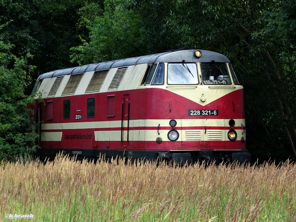 228 321-6 von cargo logistics rail service gmbh zierte sich hinter den hohen gras und mute warten auf einen beldadenen schotterzug,glinde 16.07.18