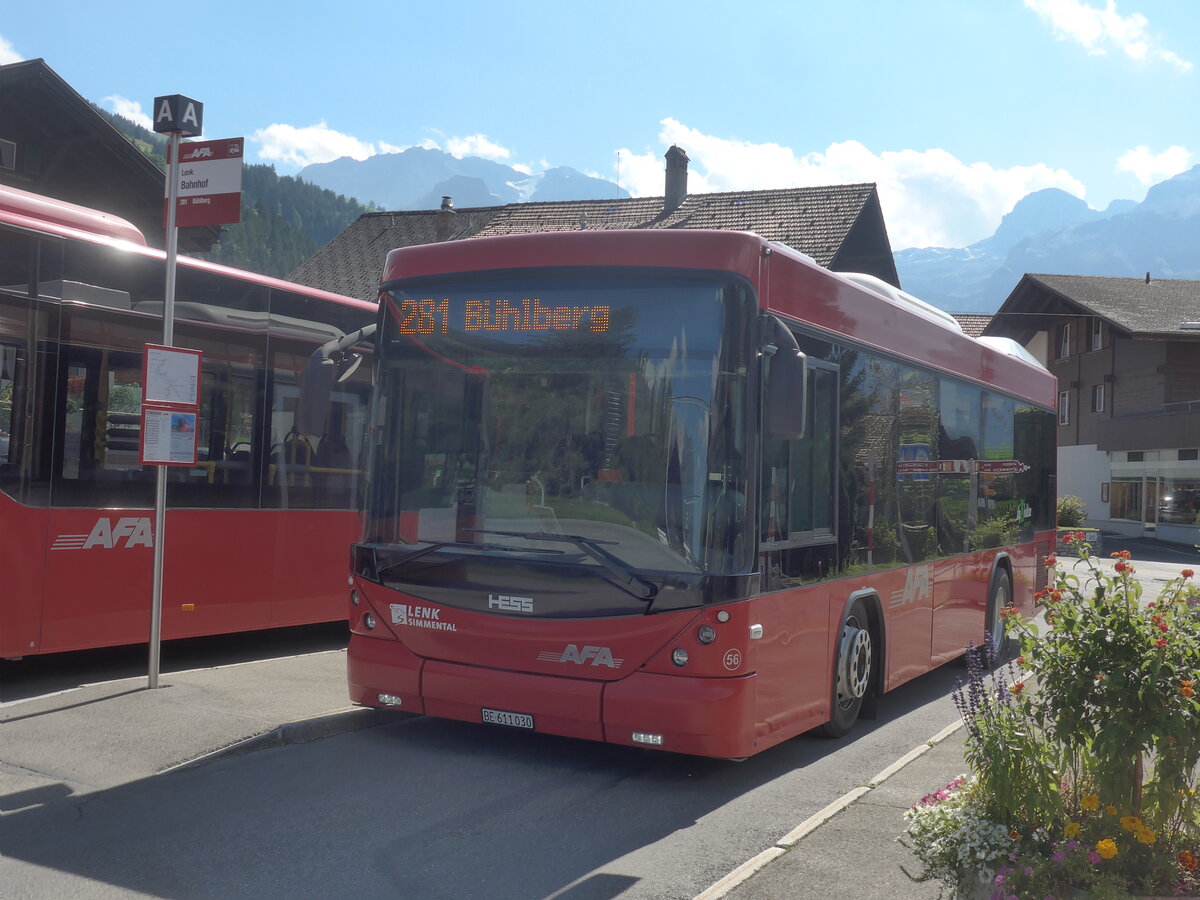 (228'013) - AFA Adelboden - Nr. 56/BE 611'030 - Scania/Hess am 13. September 2021 beim Bahnhof Lenk