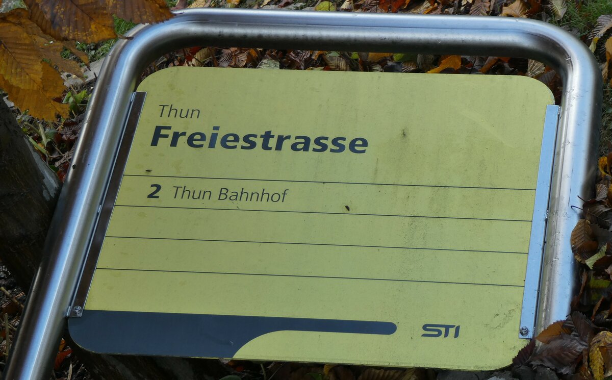 (231'054) - STI-Haltestellenschild - Thun, Freiestrasse - am 5. Dezember 2021