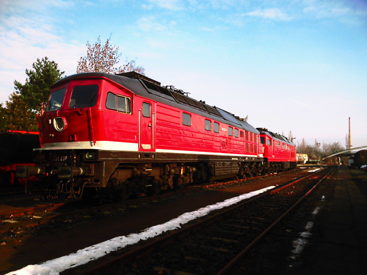 232 238 und 232 673 der LEG stand als Ausstellungsstück auf dem Museumsgelände des Eisenbahnmuseum Leipzig-Plagwitz am 24.3.18