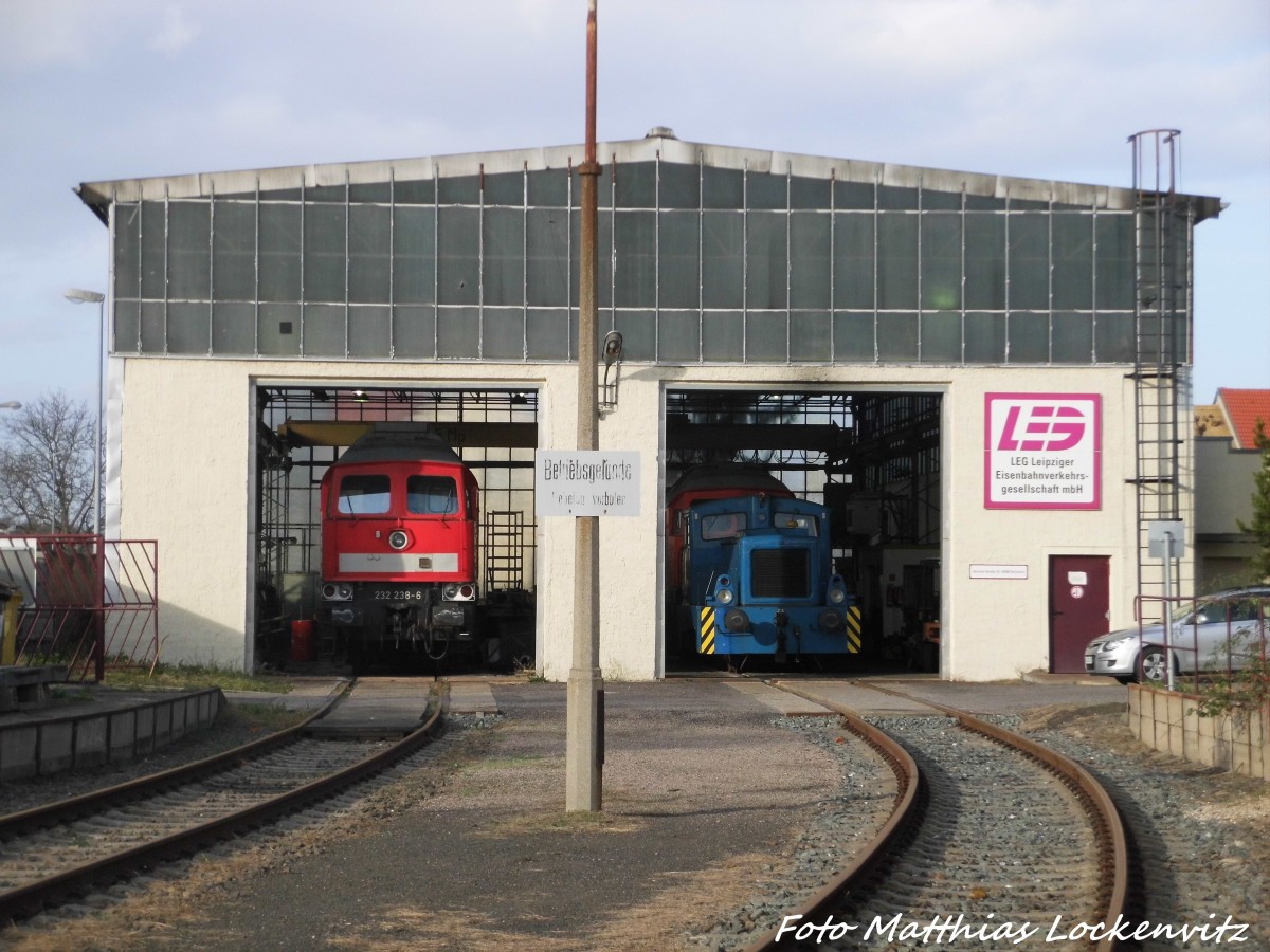 232 238 und V15 in der Leichtbauhalle der LEG in Delitzsch am 19.11.15