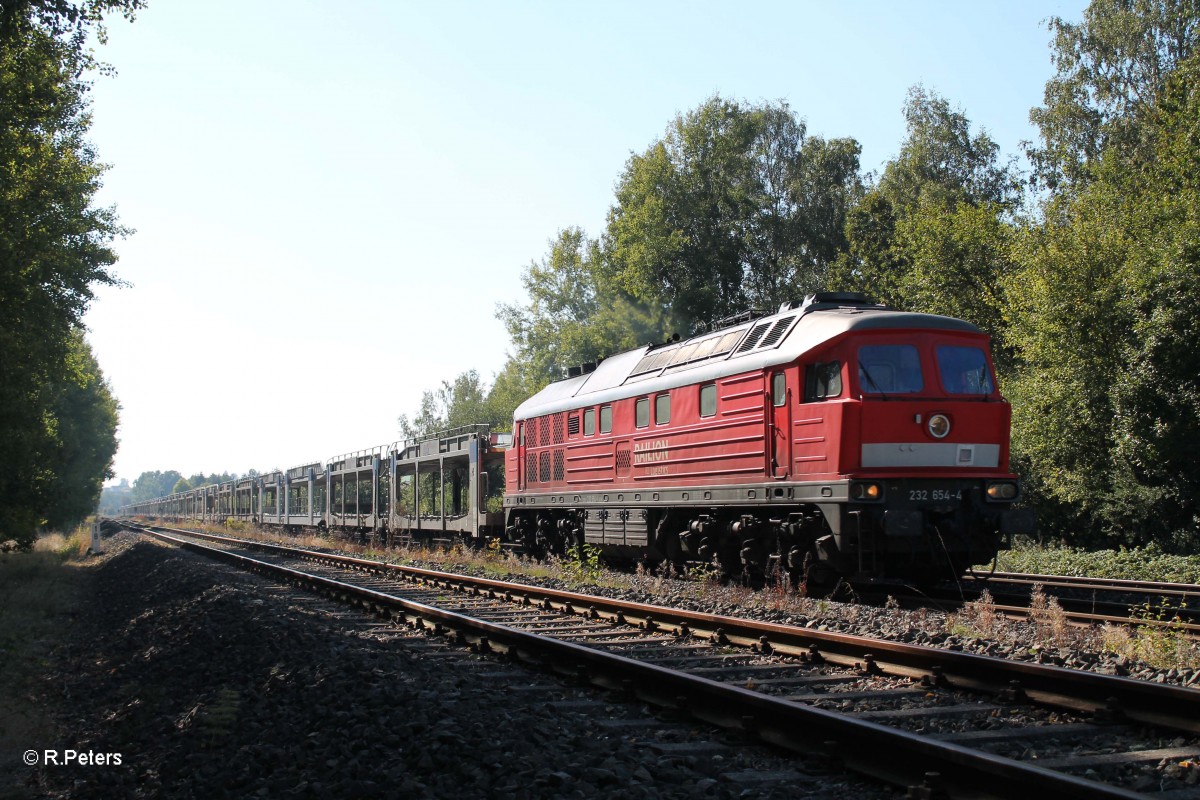 232 654-4 mit dem BGL leer Autozug nach Cheb bei Schnfeld. 01.10.13