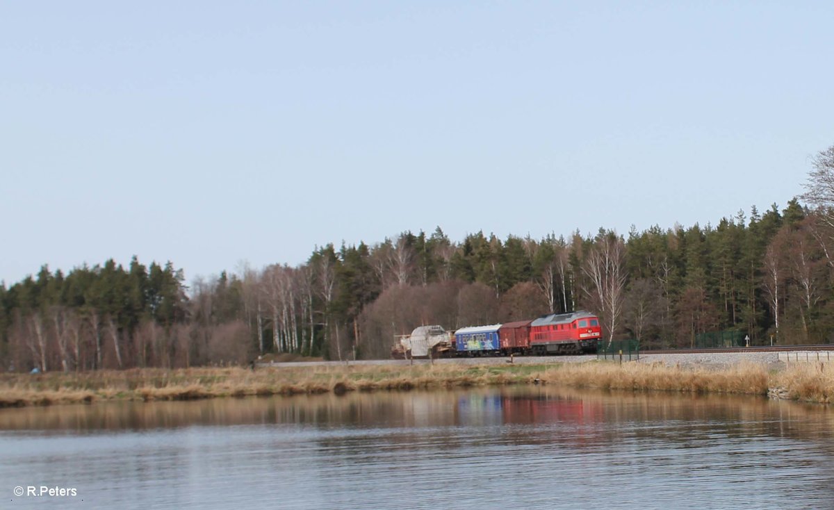 233 219 zieht südlich von Wiesau einen Trafo-Transport. 02.04.16